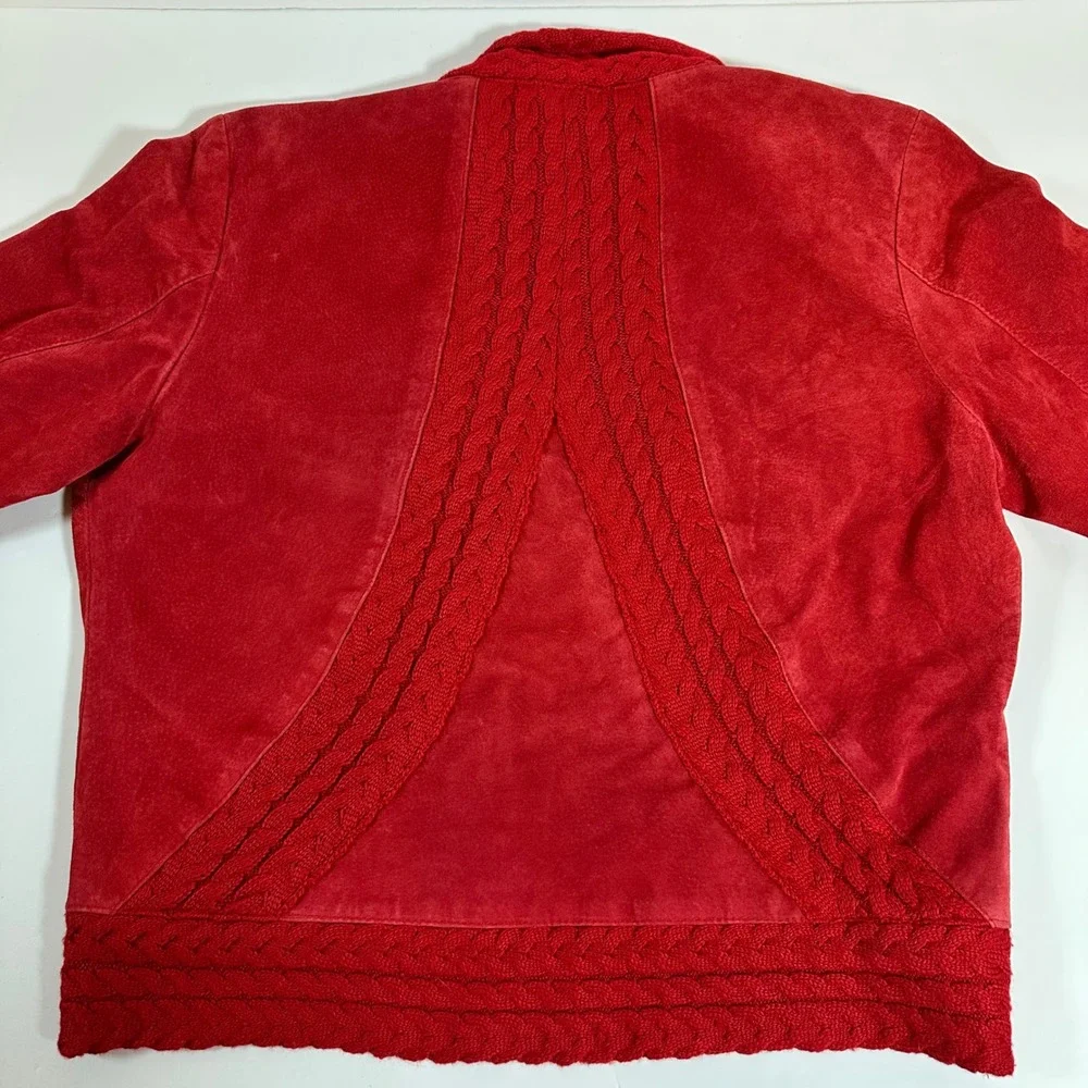 Coldwater Creek Red Suede Leather Jacket Large Knit Trim Button Front Y2K Boho - Picture 11 of 12